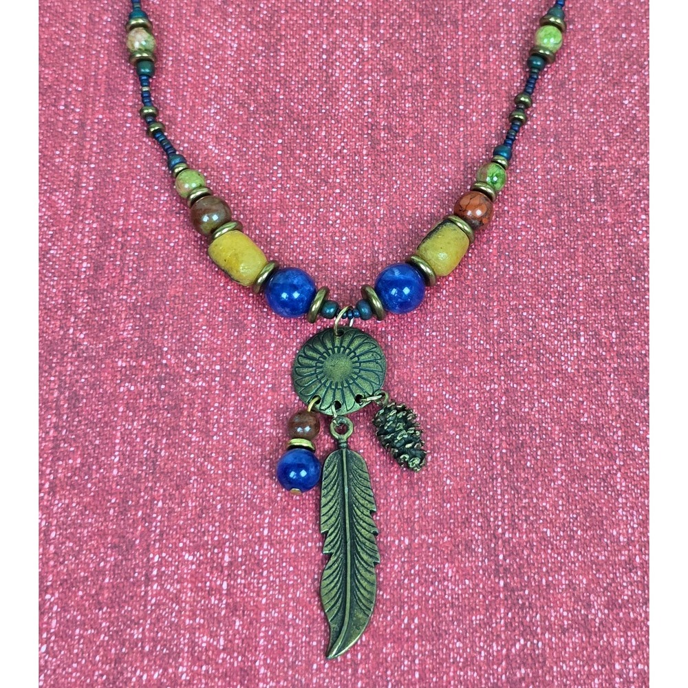 Semi Precious Stone Necklace W/Bronze Dream Catcher Pendant